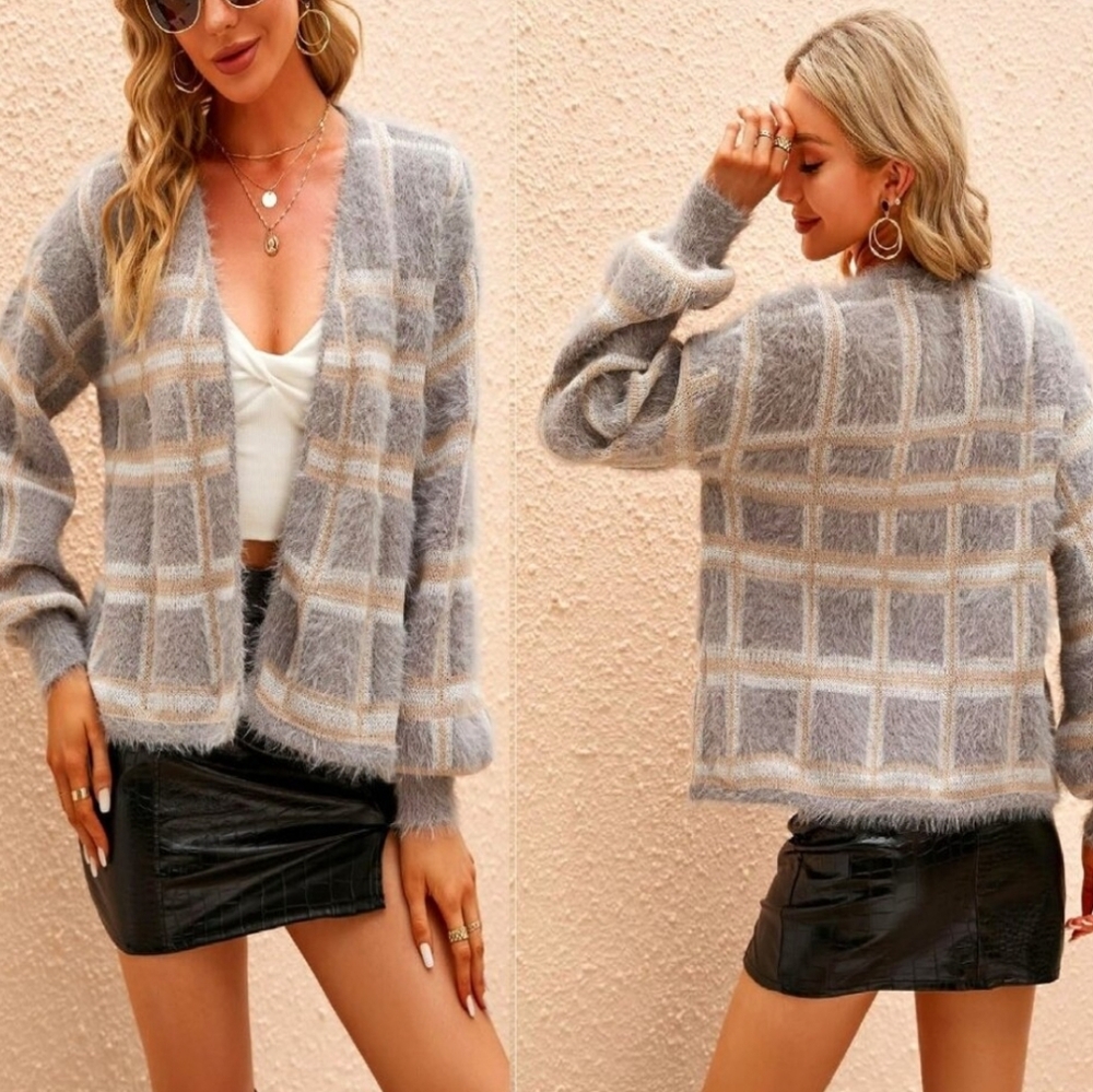 Women's Gray Plaid CARDIGAN SZ-XL